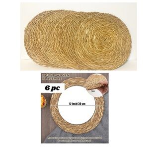6 Pc Round Woven Placemats 12" Bulrush, Natural Handwoven Boho Rattan, NEW